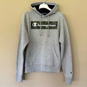 Champion Men S Heather Gray Camo Logo Hoodie Sweatshirt with Pocket Casual Activ